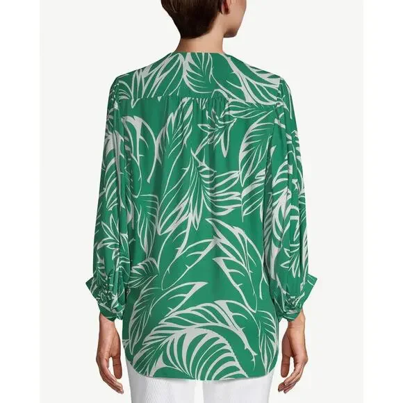 Chicos Tie-Front Green Palm V-Neck Tropical Blouse Green Sz 0 US 4/6 Small - Picture 2 of 11